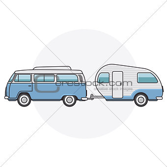 Retro van with camper trailer - vintage minibus side view
