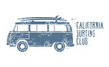 Retro van with surfboards on roof - vintage minibus, summer vaca