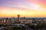 Sunset over Portland Cityscape and Mt Hood