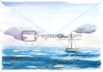 Watercolor illustration of sea with boat and sky