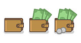 Vector set of wallet icons with banknotes and coins