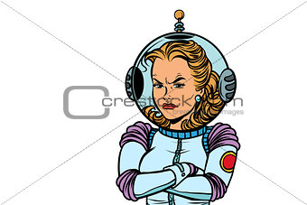 angry woman astronaut isolated on white background