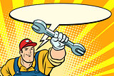 Male repairman with a wrench says comic book bubble