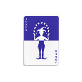Playing card with Joker in blue and white design