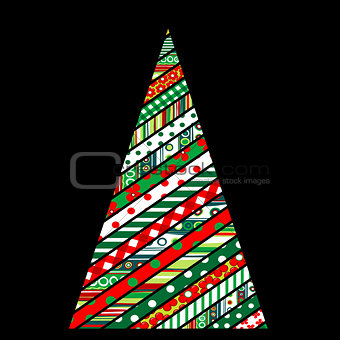 Patchwork design of Christmas tree on black background