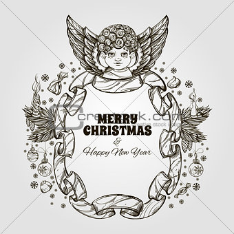 Beautiful angel with frame made of ribbon. Decorative design element for Christmas and New Year greeting cards, invitations and other items