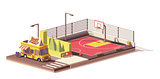Vector low poly food truck and basketball court