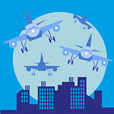 plane in front of big city silhouette, flat style illustration