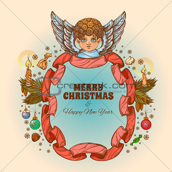 Beautiful angel with a frame made of ribbon. Decorative design element for Christmas and New Year greeting cards, invitations and other items.
