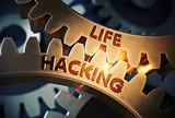 Golden Cog Gears with Life Hacking Concept. 3D Illustration.