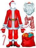 Santa Claus costume dress and Christmas accessories hat, mittens, beard, boots, bag with gifts, striped candy cane, scarf