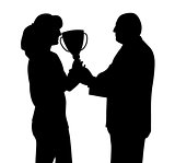 Female winner receiving trophy from president director or sponsor