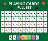 Playing cards full deck for poker, black jack. Collection with a joker and backs. Isolated on a green background. Vector illustration.