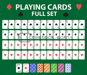 Playing cards full deck for poker, black jack. Collection with a joker and backs. Isolated on a green background. Vector illustration.