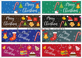 Merry Christmas set of banners, template with space for text for your design. Winter holiday collection long board, poster, flyer. Flat style. Vector illustration.