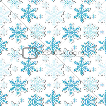 Volumetric snowflakes seamless pattern. New Year s snow endless background, winter repeating texture. Christmas backdrop. Vector illustration.