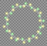 Glowing garland with small lamps. Garlands Christmas decorations lights effects. Glowing lights Garlands Xmas Holiday greeting card design. Vector illustration, clipart.