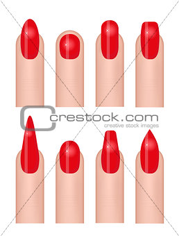 Manicure set of icons with different forms of nails, fashion nail shapes. Female hand care. Isolated on white background. Vector illustration.