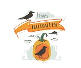 Hand drawn vector abstract cartoon Happy Halloween illustrations party design elements with ravens,pumpkin and modern calligraphy quote Happy Halloween isolated on white background