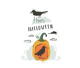 Hand drawn vector abstract cartoon Happy Halloween illustrations party design elements with ravens,pumpkin and modern calligraphy quote Happy Halloween isolated on white background.