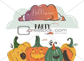 Hand drawn vector abstract cartoon Happy Halloween illustrations party poster with ravens,pumpkins and modern calligraphy Halloween Party isolated on white background.