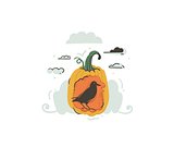 Hand drawn vector abstract cartoon illustration design element with raven,pumpkin isolated on white background