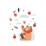 Hand drawn vector abstract greeting cartoon autumn illustration with cute cat character collected apple harvest with berries,leaves and branches isolated on white background.