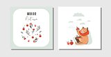 Hand drawn vector abstract greeting cartoon autumn cards set template with cute cat character collected apple harvest with modern typography