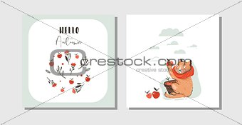 Hand drawn vector abstract greeting cartoon autumn cards set template with cute cat character collected apple harvest with modern typography