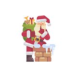 Santa Claus climbing into the chimney with a bag of presents. Ch