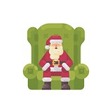 Santa Claus sitting in a big green armchair. Christmas character