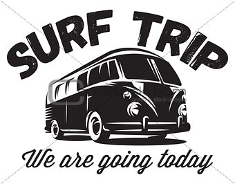 monochrome vector badge with a bus for traveling to the ocean