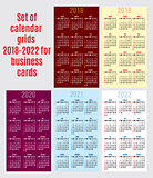 vector set of calendar grid for years 2018-2022 for business cards