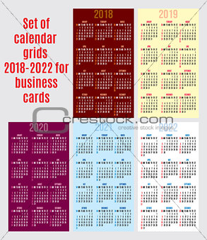 vector set of calendar grid for years 2018-2022 for business cards