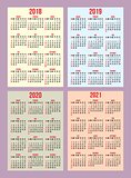 vector set of calendar grid for years 2018-2021 for business cards on background