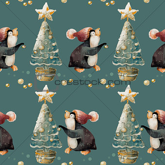Cute Penguin in a hat and Christmas tree. Seamless, pattern.