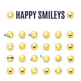 Happy smileys vector icon set. Emoticons pictograms collection. Happy round yellow smileys. Large collection of smiles