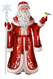 Russian santa claus holds staff and tit. Christmas national retro clothes russia