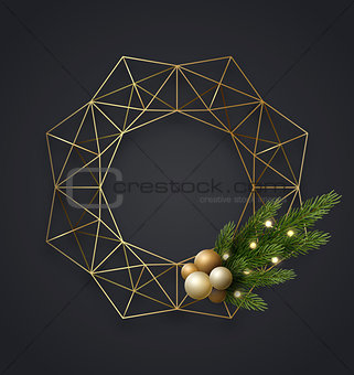 Geometric gold metallic Christmas wreath with light bulbs, green pine or fir tree branches and xmas balls. Vector template, space for text.
