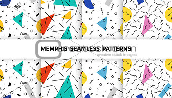 Set of bright geometric memphis patterns with wavy lines, triangles, circles, zig zags. 80s and 90s graphic design style. Vector seamless backgrounds.