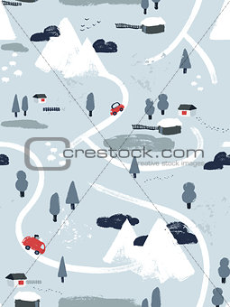 Flat vector winter snowy lanscape seamless pattern. Small village or town with cars, houses and roads in the mountains. Map view hand-drawn illustration.