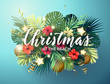 Christmas on the summer beach design with monstera palm leaves, hibiscus flowers, xmas balls and gold glowing stars, vector illustration.