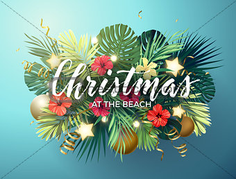 Christmas on the summer beach design with monstera palm leaves, hibiscus flowers, xmas balls and gold glowing stars, vector illustration.