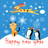 Winter postcard with a cat dog and penguins 
