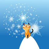 Winter card with cat on blue background