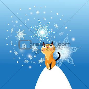 Winter card with cat on blue background