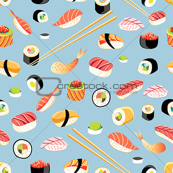 Seamless bright pattern with different sushi 