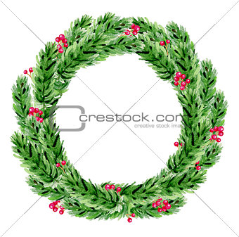 Decorative watercolor Christmas wreath.