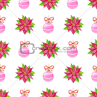 Christmas pattern with red flowers and decorations 