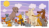 cartoon funny dog and cats group
